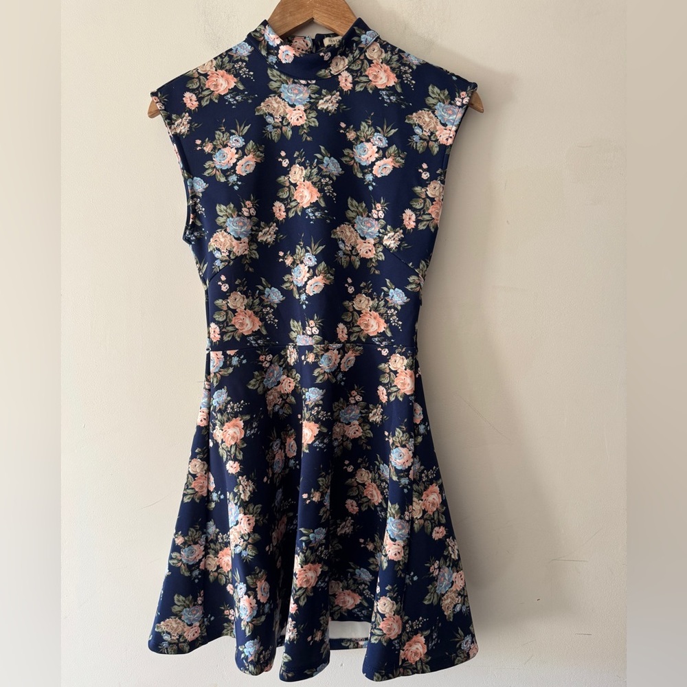 Forever21 Blue and Pink High Neck Cap Sleeve‎ Elastic Dress